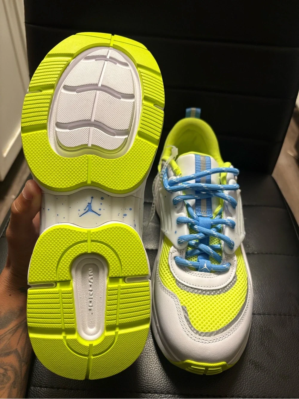 Jordan Kids' Neon Yellow and Blue Athletic Sneakers size 10